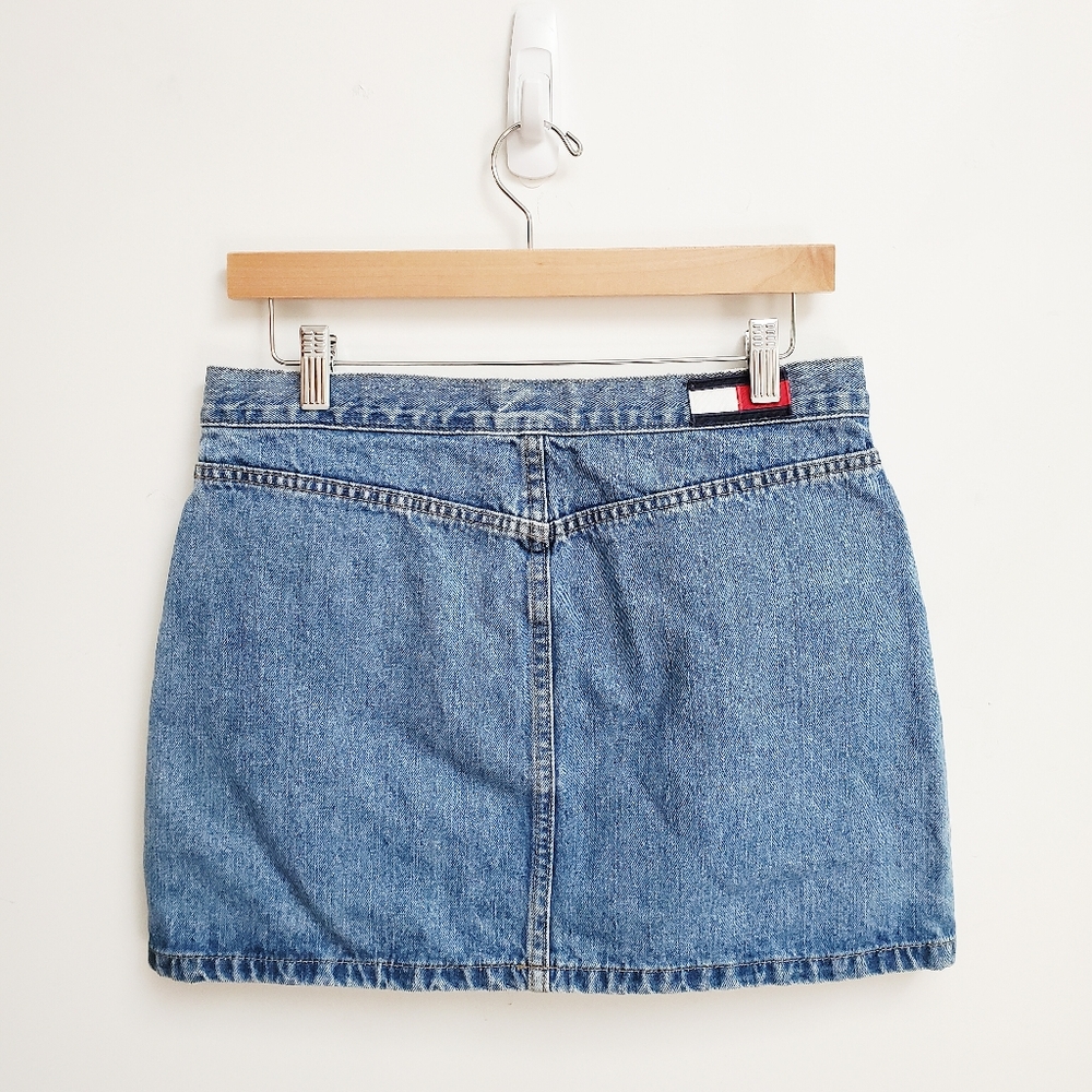 Vtg Tommy Hilfiger Y2K Denim Mini Skirt 90's Streetwear Patch Logo Size 10